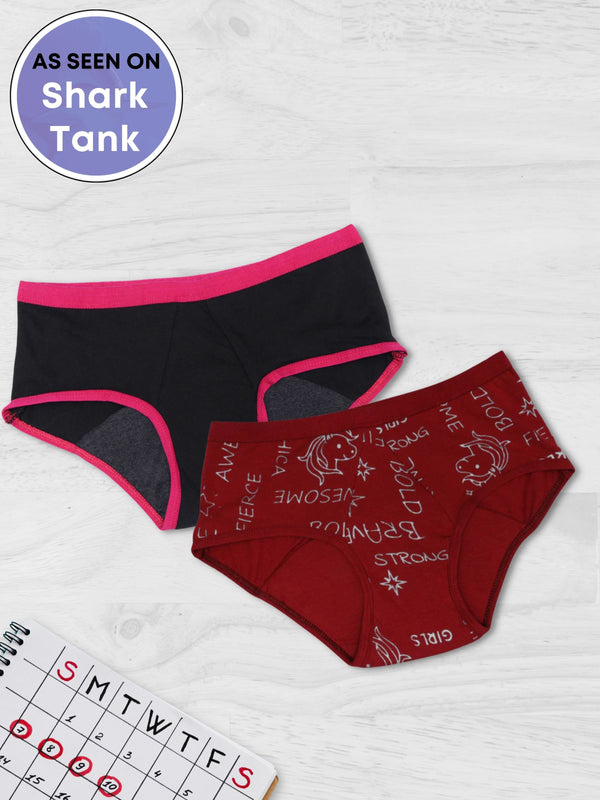 D'chica Pack of 2 Eco Friendly Anti Microbial Lining Period Panties For Teenagers Black & Maroon Printed, No Pad Required