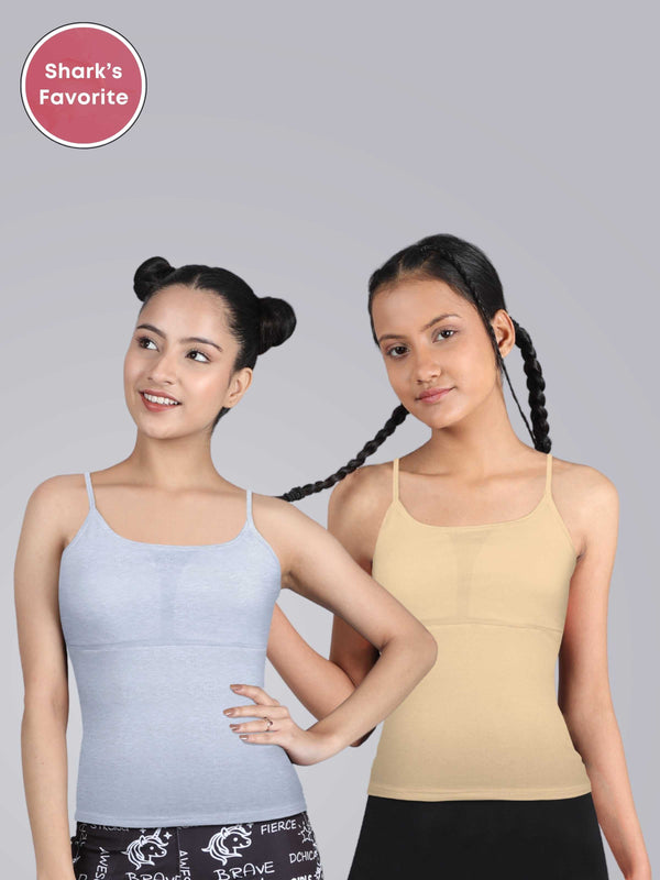 Grey & Skin Tone High Coverage Cotton Starter Camisole Bra With Adjustable Strap For Girls | Pack of 2 - D'chica