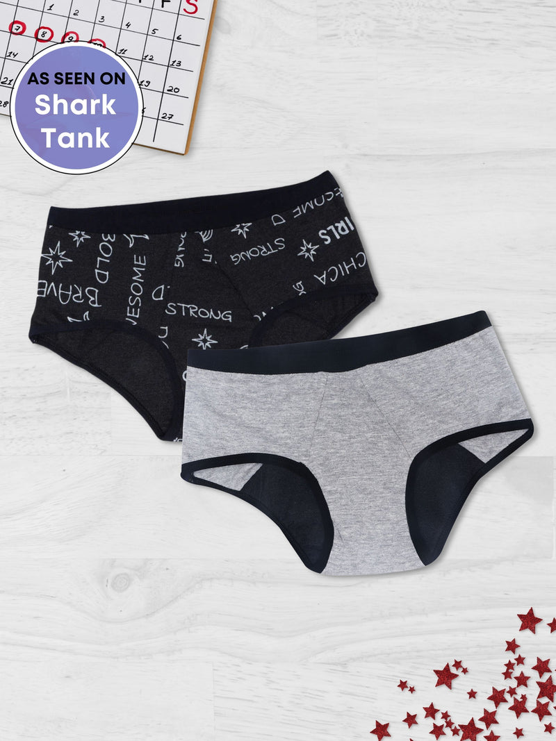 D'chica Pack of 2  Eco-Friendly Anti Microbial Lining Period Panties For Teenagers No Pad Required, Dark Grey & Grey