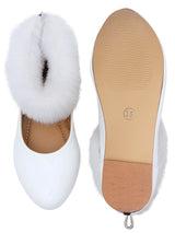 White Closed Toe Ballerina Flats With Ankle Fur - D'chica