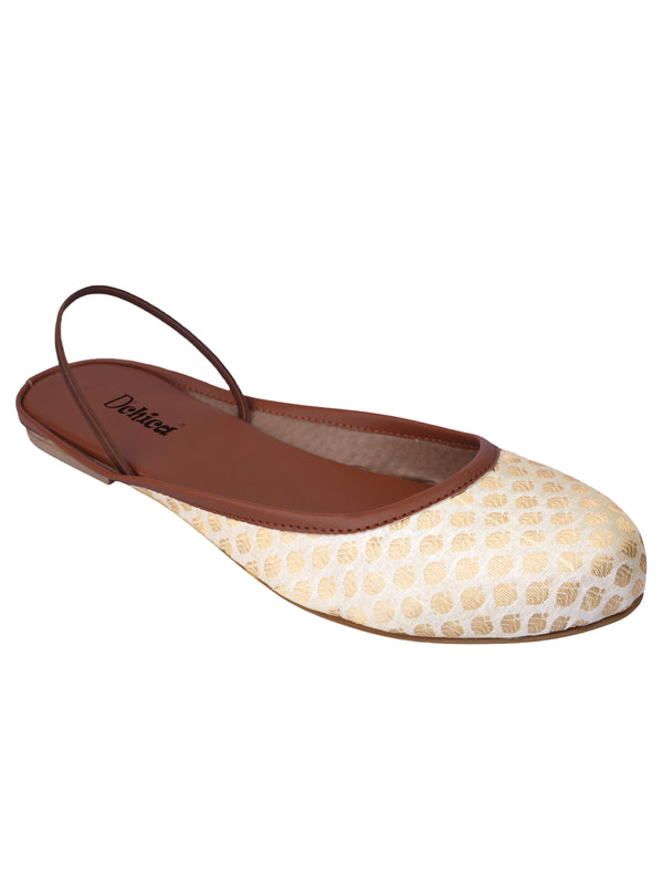 Embroidered Slingback Ethnic Mules | Cream & Golden Jutties - D'chica