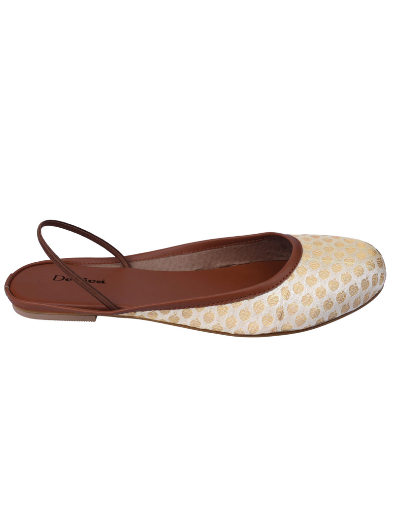 Embroidered Slingback Ethnic Mules | Cream & Golden Jutties - D'chica