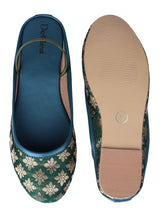 Embroidered Slingback Ethnic Mules | Green & Golden Jutties - D'chica