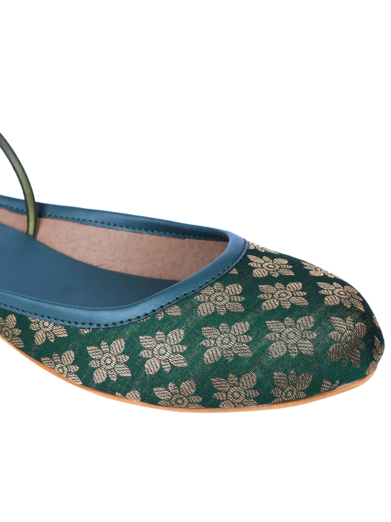 Embroidered Slingback Ethnic Mules | Green & Golden Jutties - D'chica