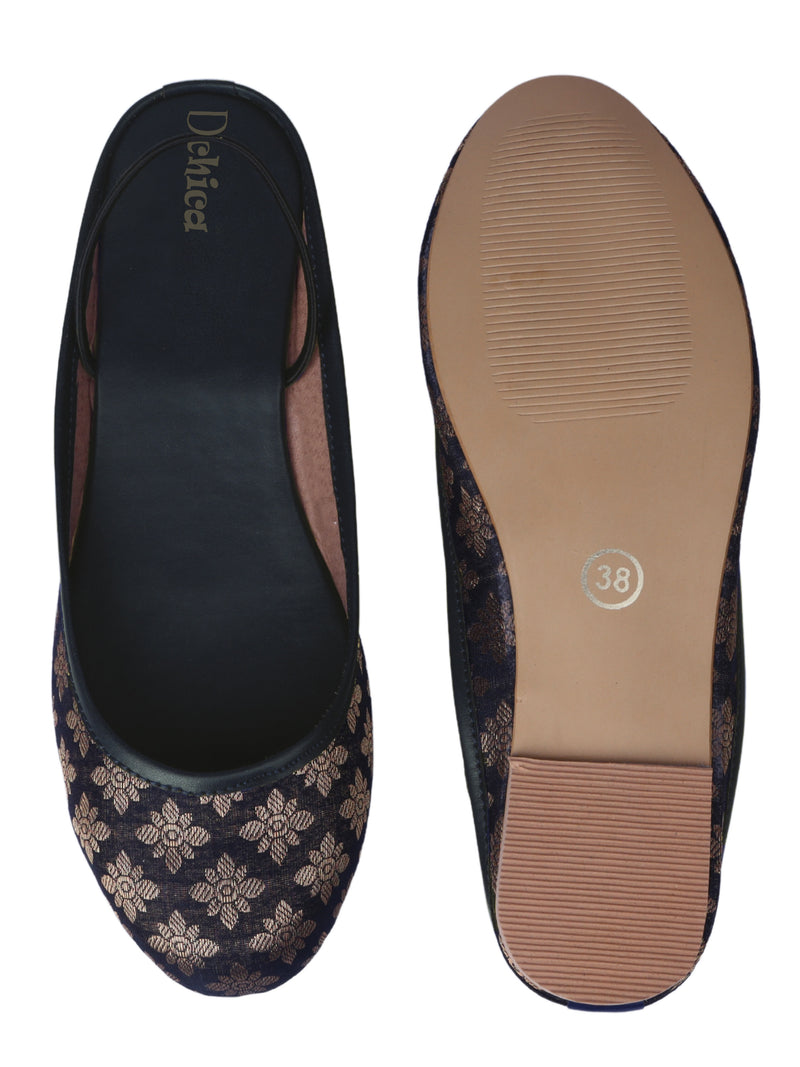 Embroidered Slingback Ethnic Mules | Black & Golden Jutties - D'chica