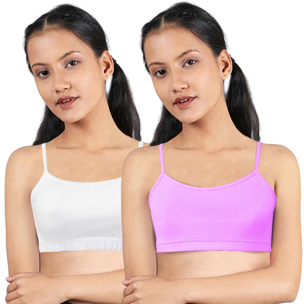 DOUBLE-LAYER THIN STRAP COTTON ATHLETIC BRAS | NON PADDED BEGINNER BRA FOR GIRLS & YOUNG WOMEN | NEON GREEN & WHITE PACK OF 2 - D'chica
