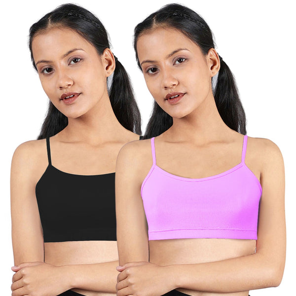 DOUBLE-LAYER THIN STRAP COTTON ATHLETIC BRAS | NON PADDED BEGINNER BRA FOR GIRLS & YOUNG WOMEN | NEON GREEN & BLACK PACK OF 2 - D'chica