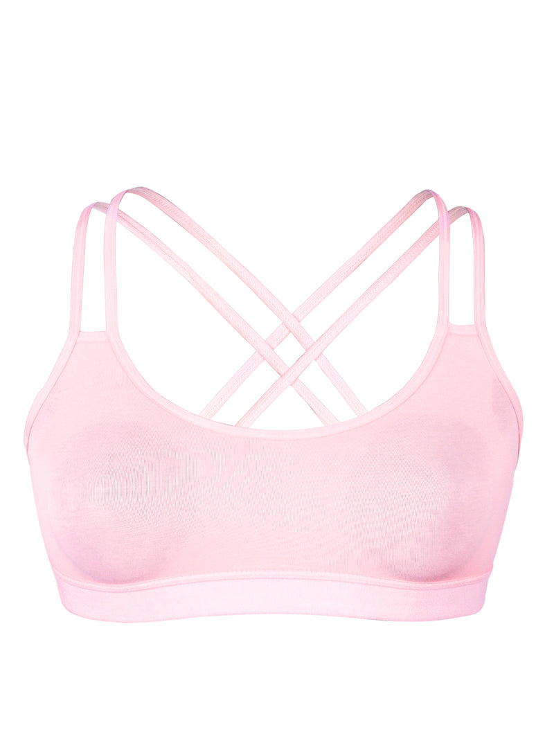 Criss Cross Back Cotton Sports Bra For Girls | Removable Pads | Elasticated Underband | Good Support | Full Coverage Bra Pack Of 1 | Light Pink Workout Bra - D'chica