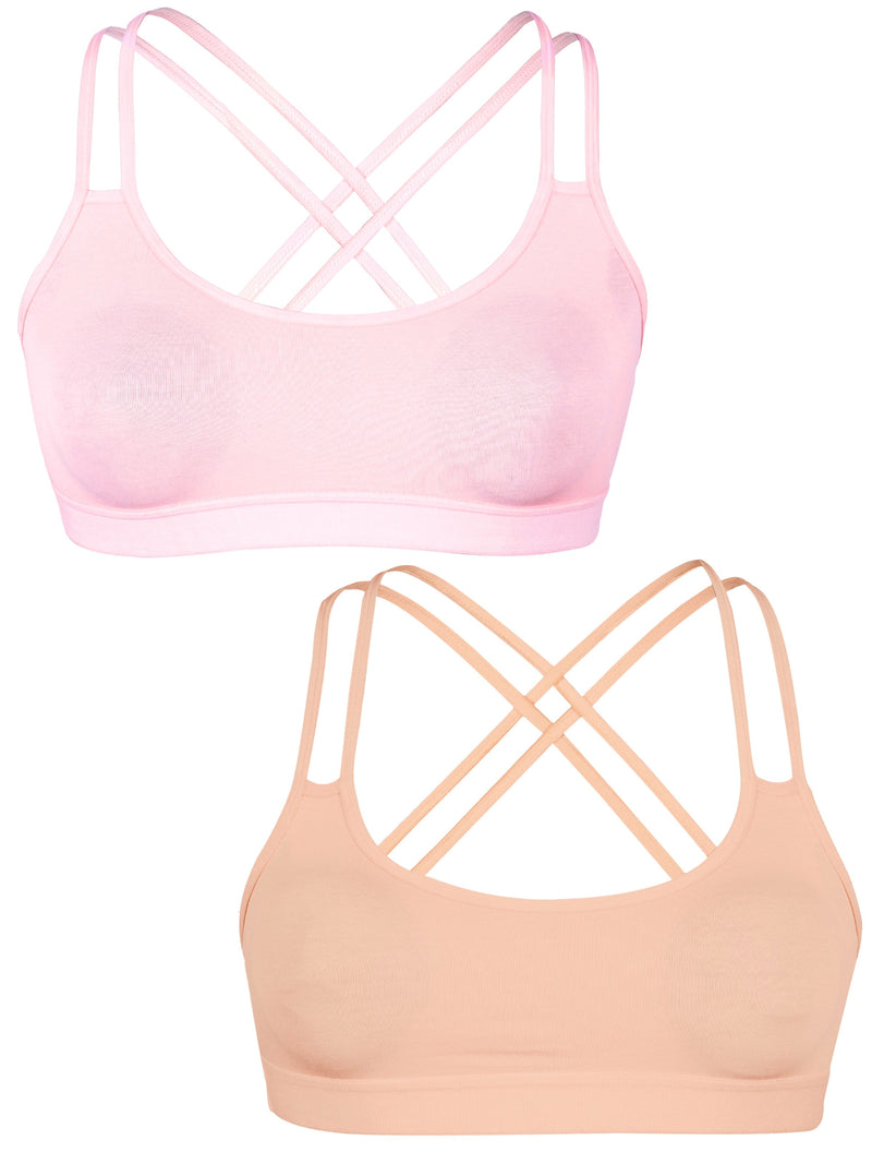 Criss Cross Back Cotton Sports Bra For Women | Removable Pads | Elasticated Underband | Good Support | Full Coverage Bra Pack Of 2 | Light Pink & Skin Workout Bra - D'chica