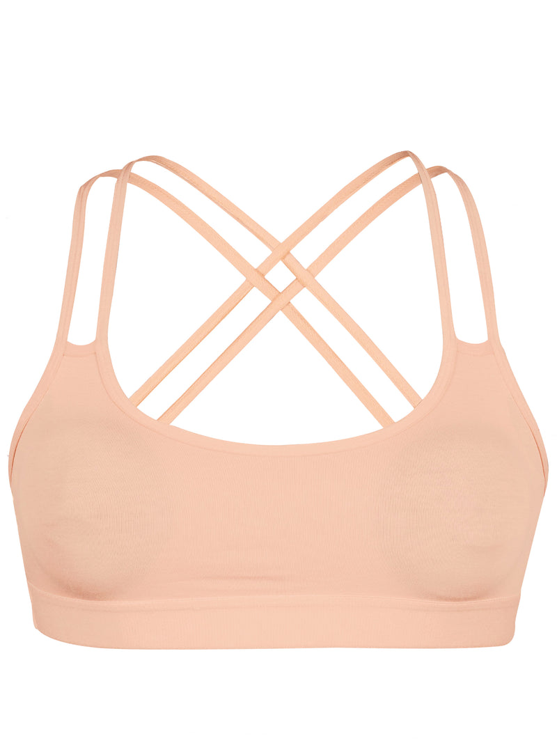 Criss Cross Back Cotton Sports Bra For Girls | Removable Pads | Elasticated Underband | Good Support | Full Coverage Bra Pack Of 2 | Light Pink & Skin Workout Bra - D'chica