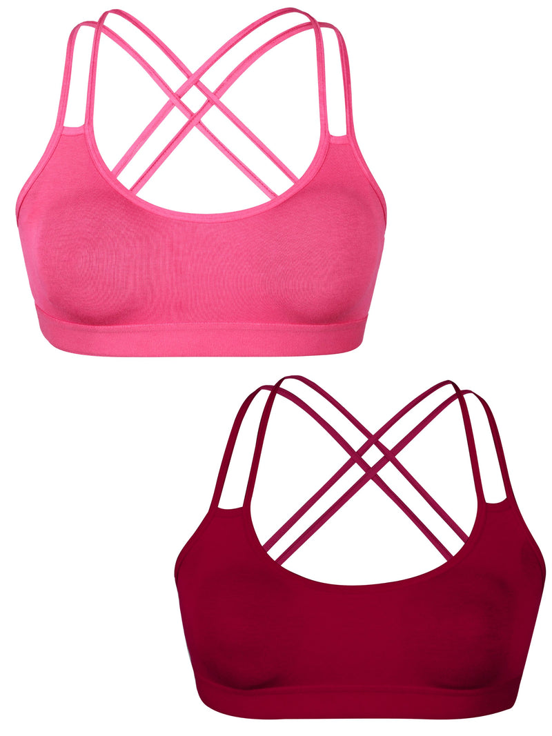 Criss Cross Back Cotton Sports Bra For Women | Removable Pads | Elasticated Underband | Good Support | Full Coverage Bra Pack Of 2 | Coral & Maroon Workout Bra - D'chica