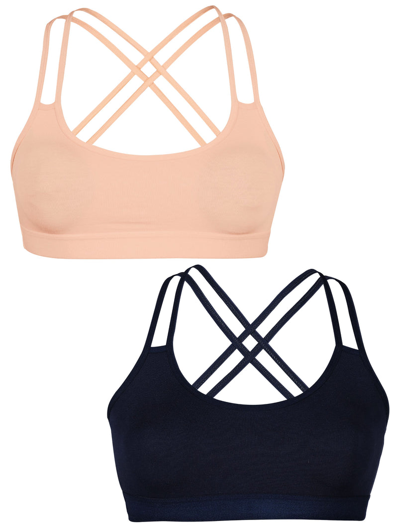 Criss Cross Back Cotton Sports Bra For Girls | Removable Pads | Elasticated Underband | Good Support | Full Coverage Bra Pack Of 2 | Skin & Navy Blue Workout Bra - D'chica