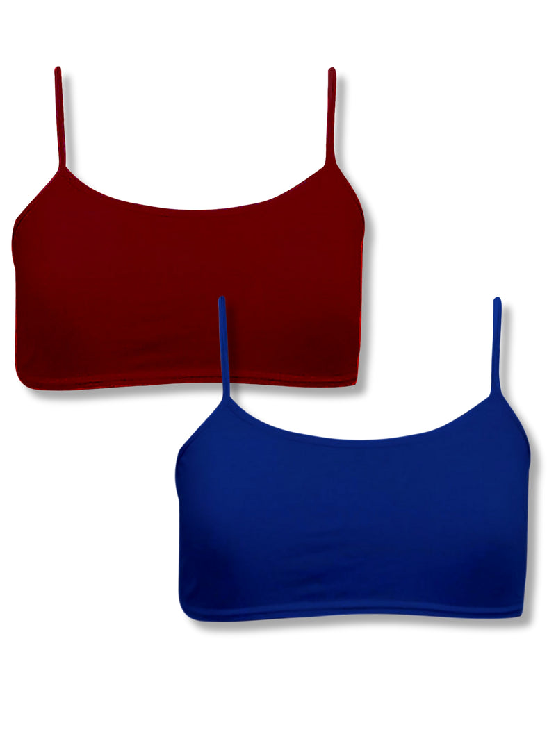 Girls Single Layered Thin Strap Non Wired Full Coverage Cotton Starter Bra | Pack of 2 Maroon & Royal Blue Bra - D'chica