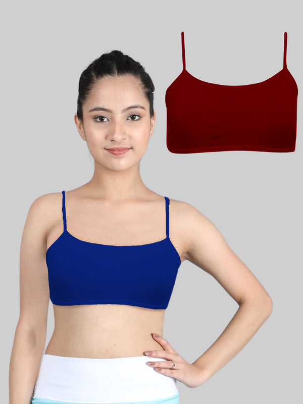 Girls Single Layered Thin Strap Non Wired Full Coverage Cotton Starter Bra | Pack of 2 Maroon & Royal Blue Bra - D'chica
