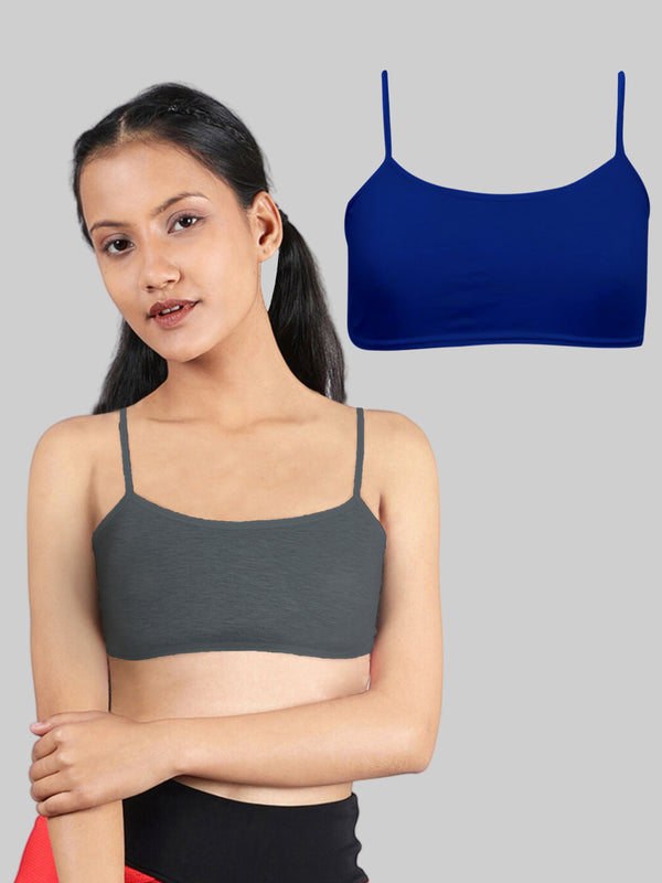 Girls Single Layered Thin Strap Non Wired Full Coverage Cotton Starter Bra | Pack of 2 Grey & Royal Blue Bra - D'chica