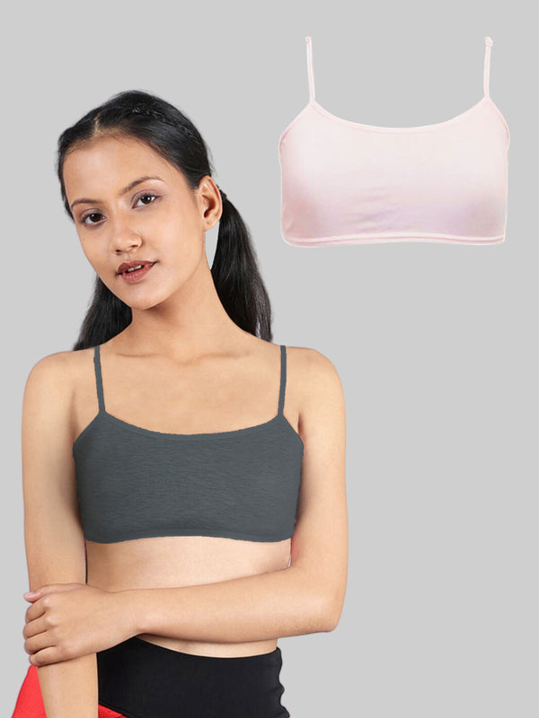 Girls Single Layered Thin Strap Non Wired Full Coverage Cotton Starter Bra | Pack of 2 Grey & Pink Bra - D'chica