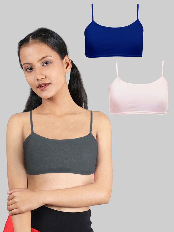 Girls Single Layered Thin Strap Non Wired Full Coverage Cotton Starter Bra | Pack of 3 Grey, Blue & Pink Bra - D'chica