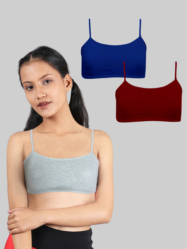 Girls Single Layered Thin Strap Non Wired Full Coverage Cotton Starter Bra | Pack of 3 Grey, Blue & Maroon Bra - D'chica