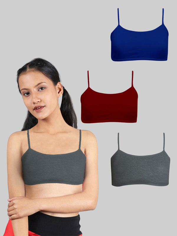Girls Single Layered Thin Strap Non Wired Full Coverage Cotton Starter Bra | Pack of 4 Grey, Blue & Maroon Bra - D'chica