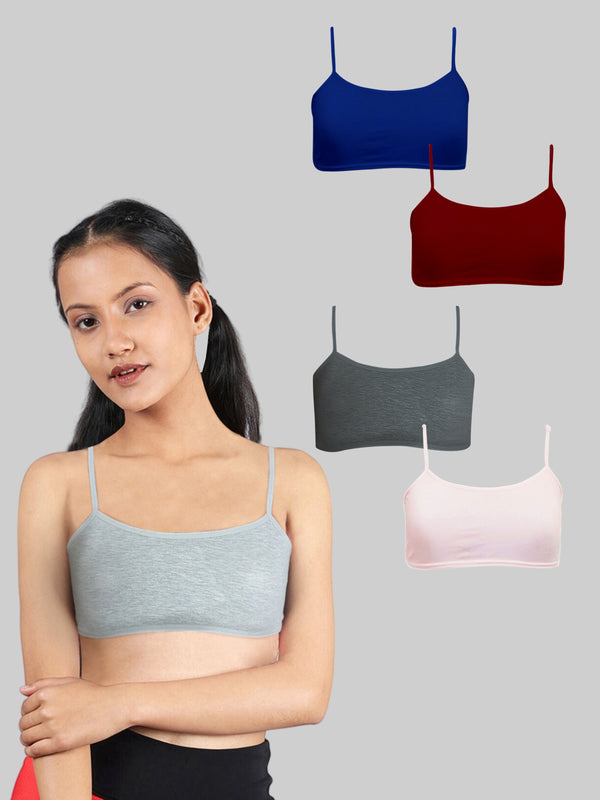 Girls Single Layered Thin Strap Non Wired Full Coverage Cotton Starter Bra | Pack of 5 Maroon, Pink, Grey, Dark Grey & Royal Blue Bra - D'chica