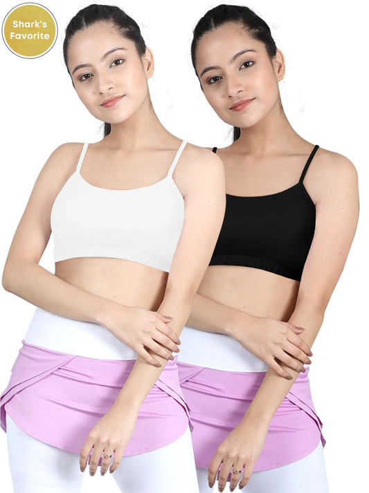 D'CHICA Essentials Double-layer Thin Strap Cotton Sports Bra | Non Padded Beginner Bra | Black & White Solid D'chica