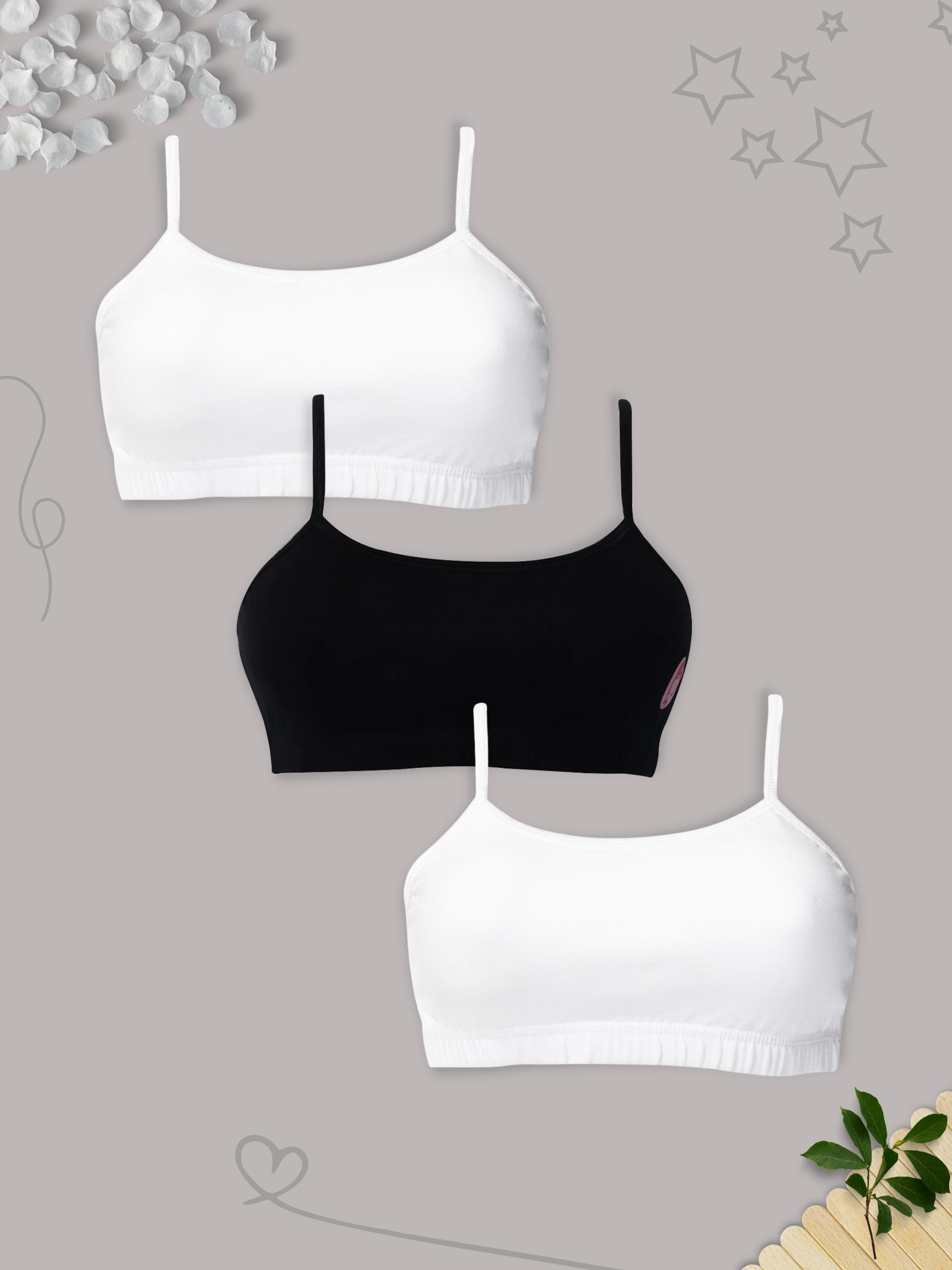Double-layer Thin Strap Cotton Athletic Bras | Non Padded Beginner Bra For  Girls | White & Black Solid Bras Pack of 3