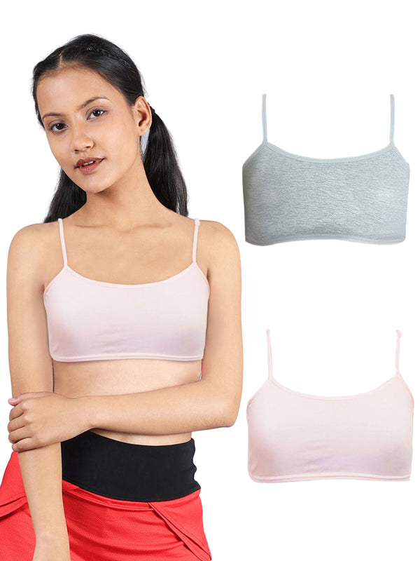 Girls Single Layered Thin Strap Non Wired Full Coverage Cotton Everyday Bra | Pack of 3 Grey & Pink Bra - D'chica