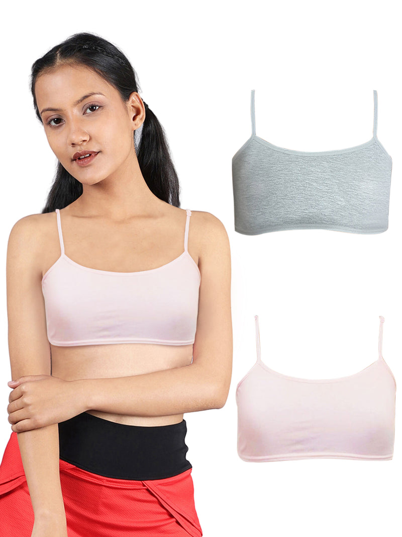 Girls Single Layered Thin Strap Non Wired Full Coverage Cotton Everyday Bra | Pack of 3 Grey & Pink Bra - D'chica