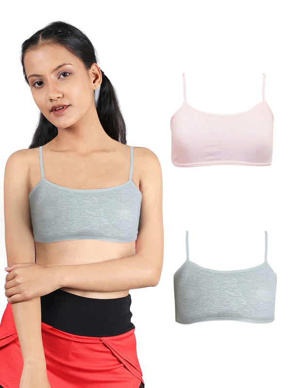 Girls Single Layered Thin Strap Non Wired Full Coverage Cotton Everyday Bra | Pack of 3 Pink & Grey Bra - D'chica