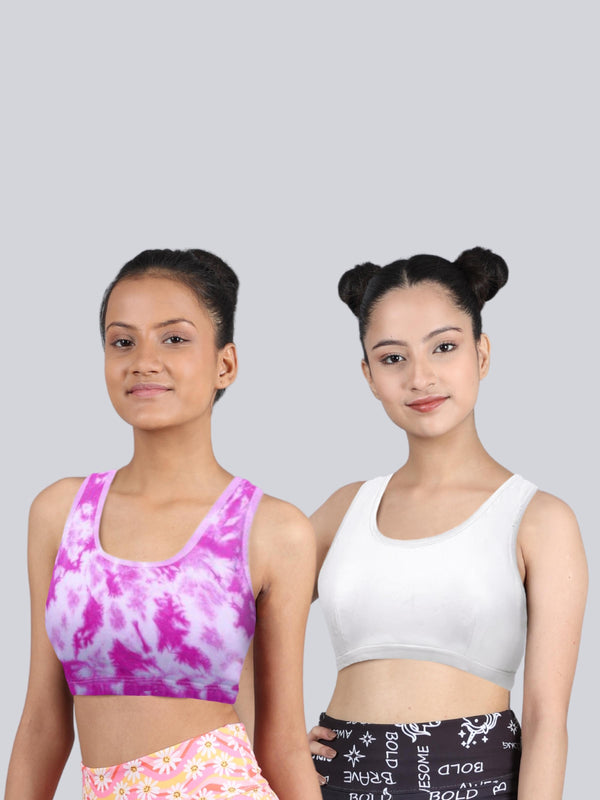 Double-layer Broad Strap Cotton Sports Bra For Girls | Non Padded Beginner Bra | Pink tie & Dye Print & White Athleisure Sports Bra Pack of 2