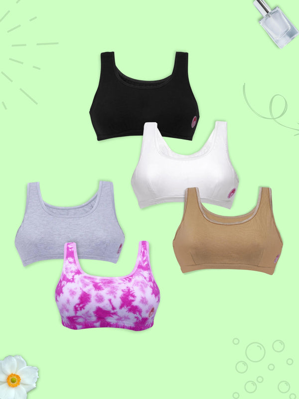 Double-layer Broad Strap Cotton Gym Bra | Non Padded Beginner Bra For Girls | Pink tie & Dye Print,Black,White,Skin & Grey Athleisure Sports Bra pack 5