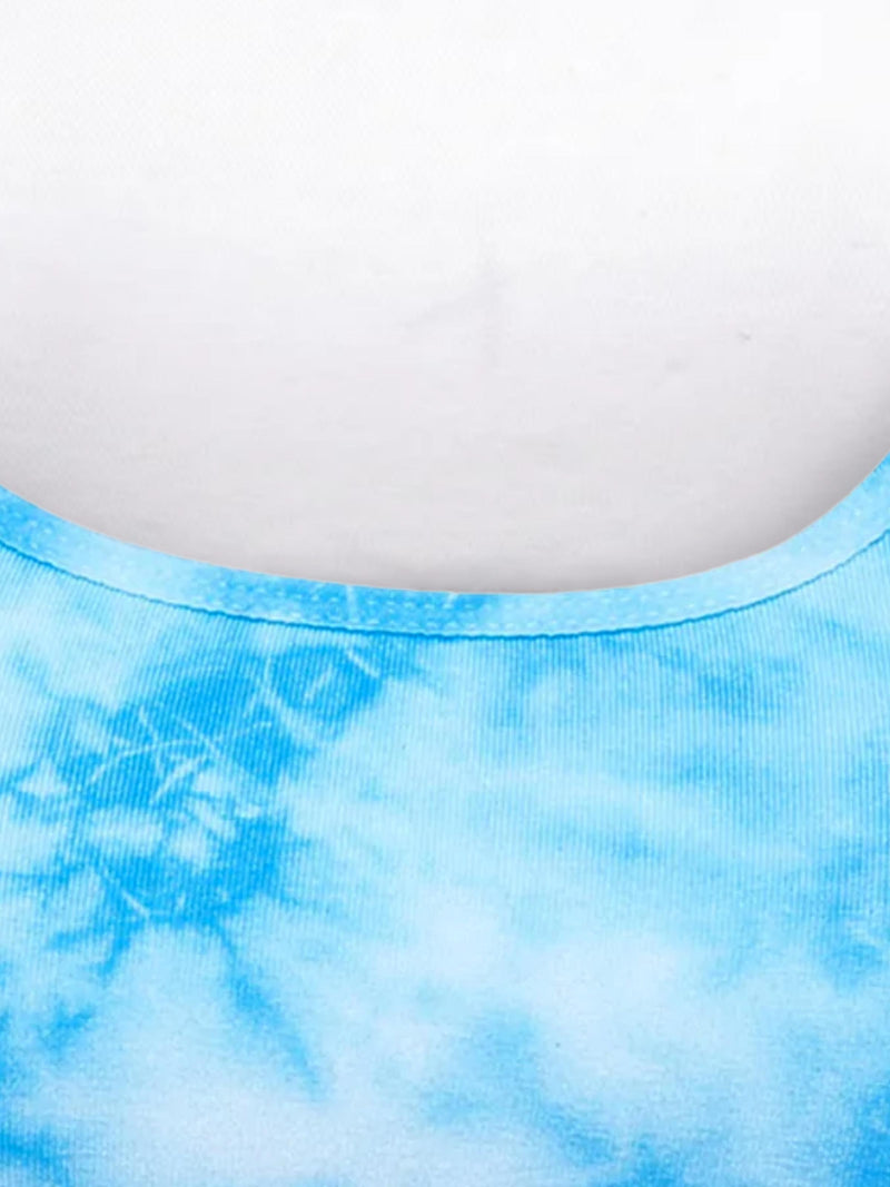 Double-layer Broad Strap Cotton Gym Bra | Non Padded Beginner Bra For Girls |  Blue tie & Dye Print & White Athleisure Sports Bra pack 2