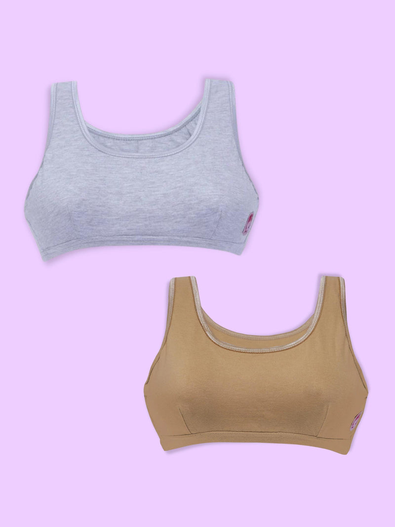 Double-layer Broad Strap Cotton Gym Bra | Non Padded Beginner Bra For Girls |   Blue tie & Dye Print,Black,White,Skin & Grey Athleisure Sports Bra pack 5