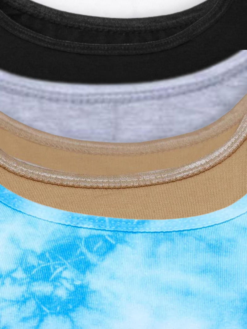 Double-layer Broad Strap Cotton Gym Bra | Non Padded Beginner Bra For Girls |   Blue tie & Dye Print,Black,White,Skin & Grey Athleisure Sports Bra pack 5