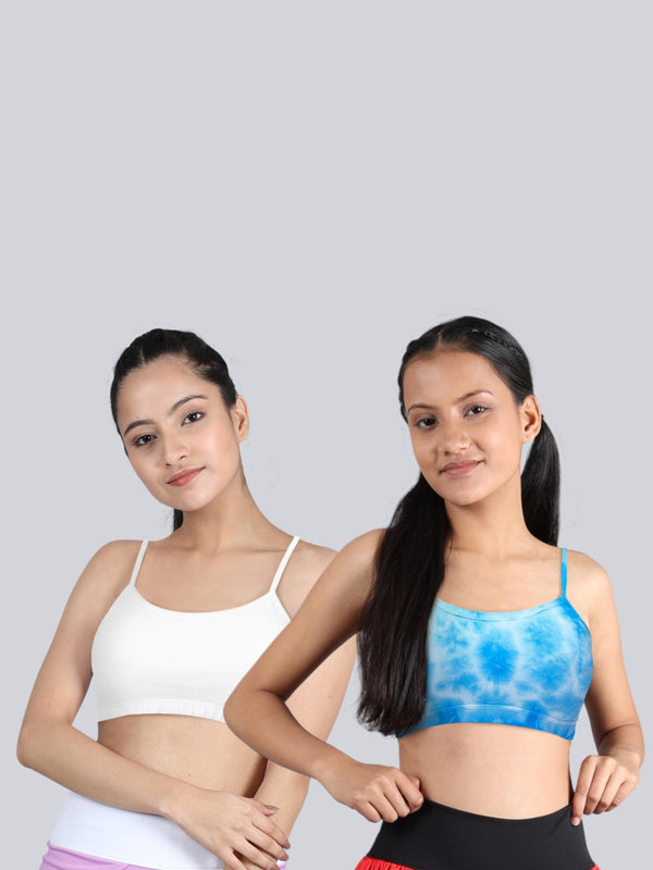 Double-layer Thin Strap Cotton Yoga Bra For Girls | Non Padded Beginner Bra | Plain White & Blue tie & Dye Print Pack of 2