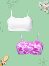 Double-layer Thin Strap Cotton Sports Bra For Girls | Non Padded Beginner Bra | Plain White & Pink tie & Dye Print Pack of 2