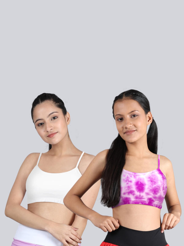 Double-layer Thin Strap Cotton Sports Bra For Girls | Non Padded Beginner Bra | Plain White & Pink tie & Dye Print Pack of 2