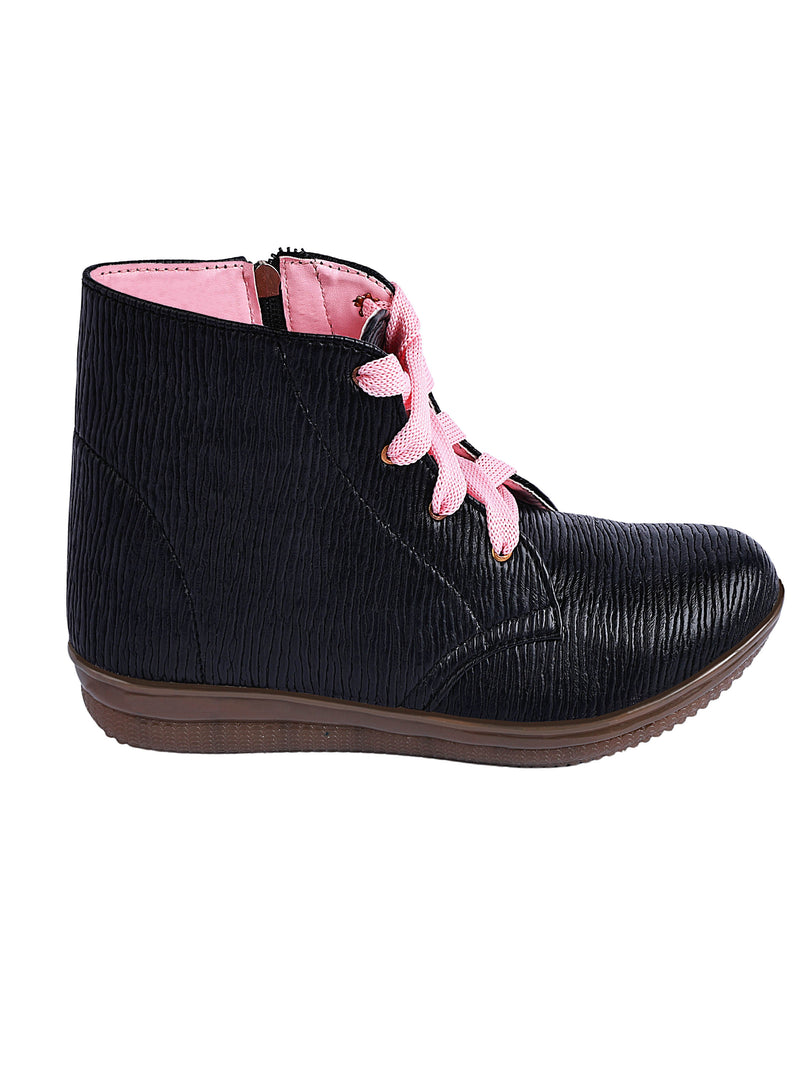 Warm Lace Up Black Winter Boots For Girls With Zip Closure - D'chica