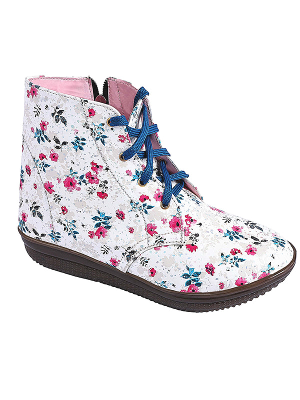 Warm Lace Up Floral White Winter Boots For Girls With Zip Closure - D'chica