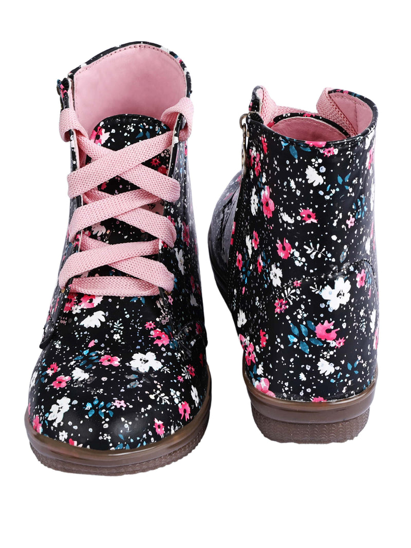 Warm Lace Up Floral Black Winter Boots For Girls With Zip Closure - D'chica