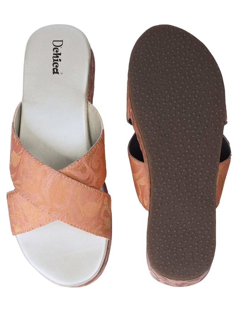 Embroidered Criss Cross Strap Wedge Heel Sandals | Peach Colour Ethnic/Party Footwear - D'chica
