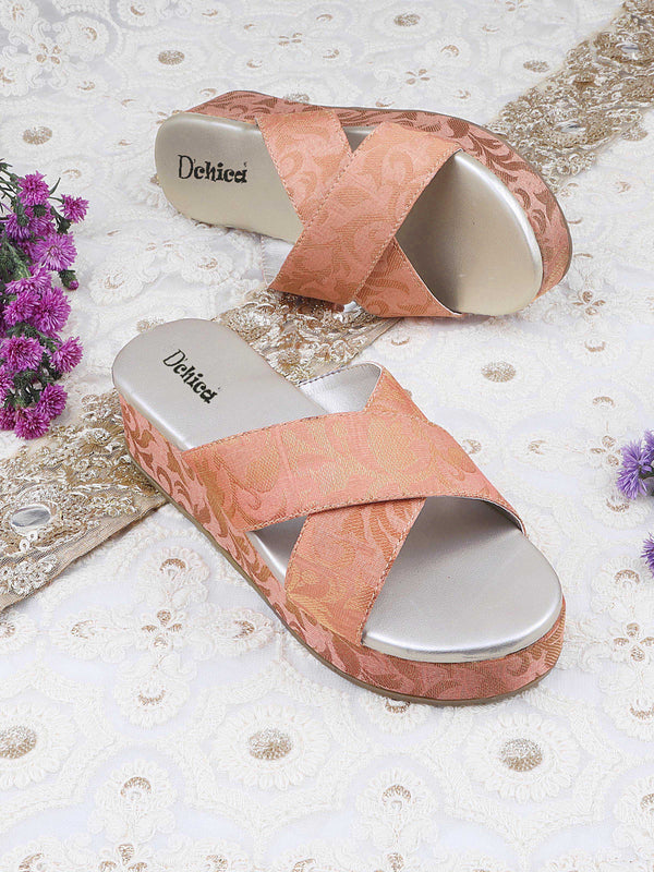 Embroidered Criss Cross Strap Wedge Heel Sandals | Peach Colour Ethnic/Party Footwear - D'chica