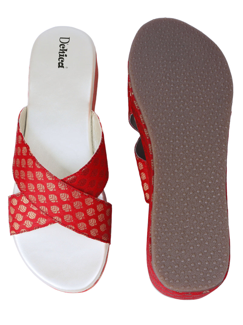 Embroidered Criss Cross Strap Wedge Heel Sandals | Red & Golden Ethnic/Party Footwear - D'chica