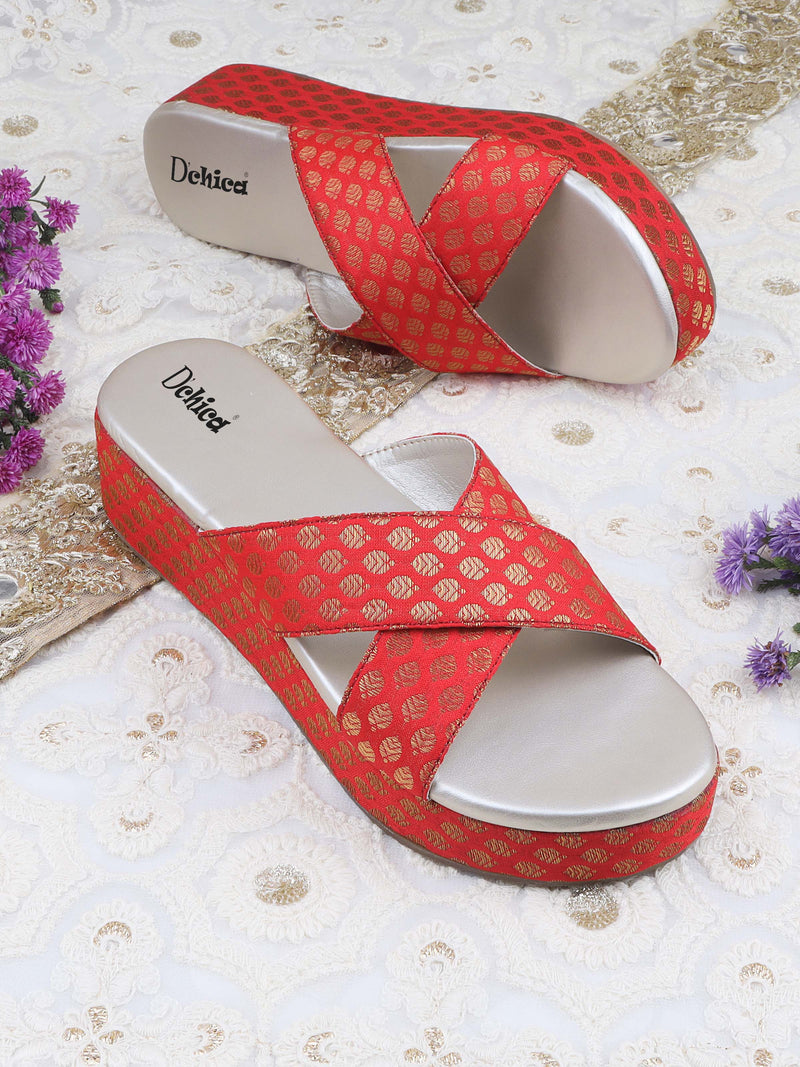 Embroidered Criss Cross Strap Wedge Heel Sandals | Red & Golden Ethnic/Party Footwear - D'chica
