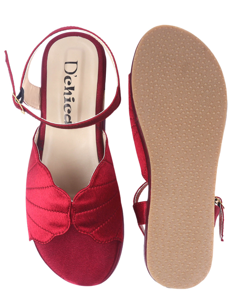 Satin Maroon Slingback Wedge Heels With Flower Shaped Straps (Pair Of 1) - D'chica