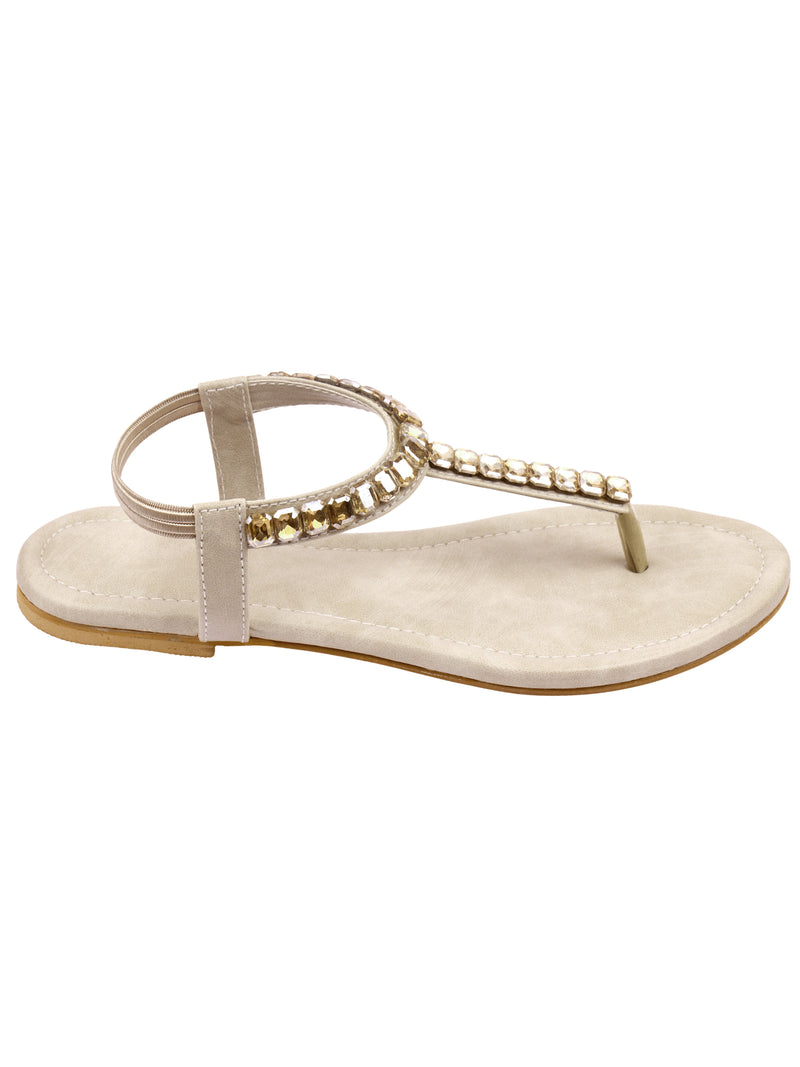 Stone Embellished Cream T-Strap Comfortable Flats (Pair Of 1) - D'chica
