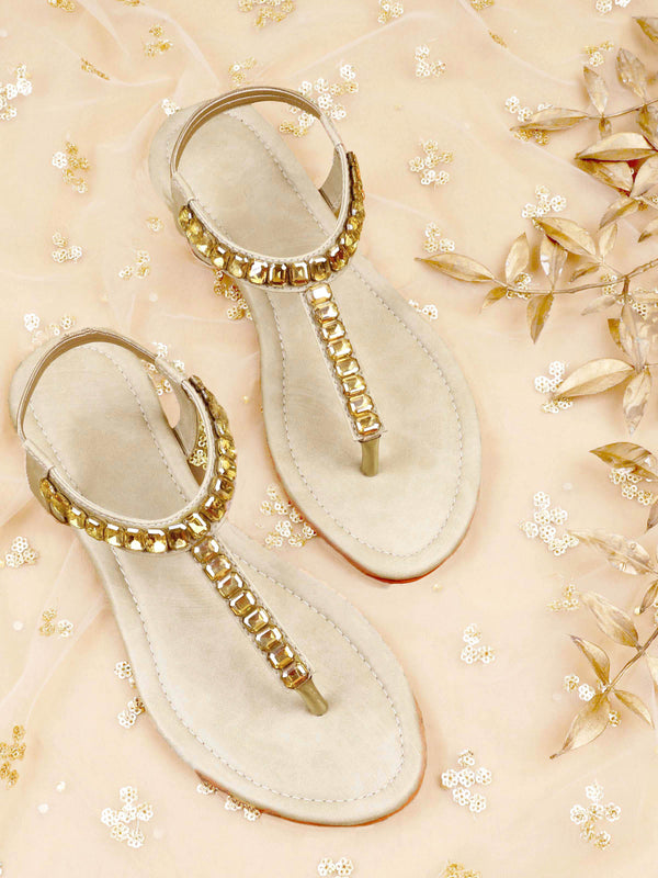 Stone Embellished Cream T-Strap Comfortable Flats (Pair Of 1) - D'chica