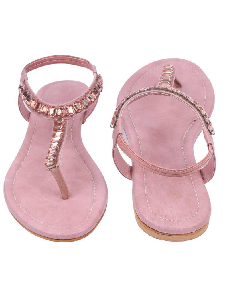 Stone Embellished Pink T-Strap Comfortable Flatsfor Girls/Women (Pair Of 1) - D'chica
