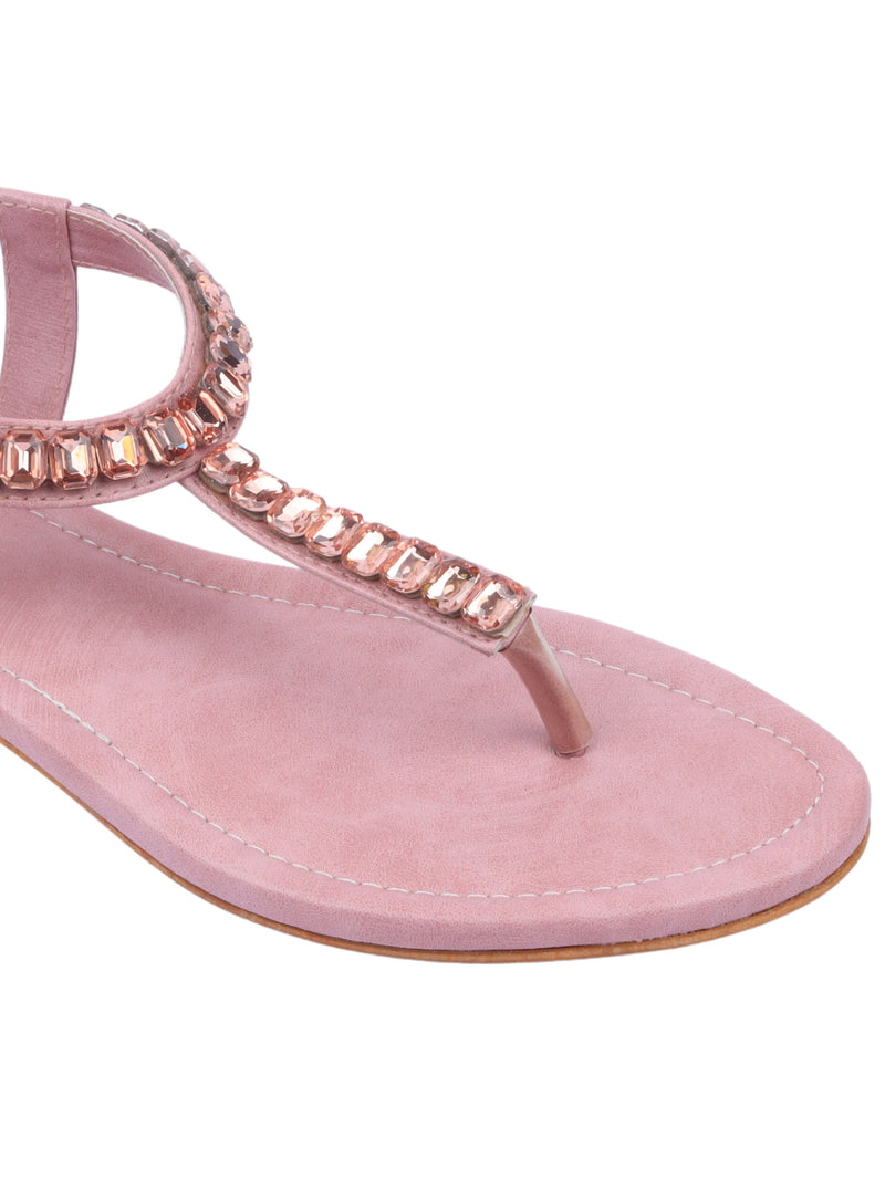 Stone Embellished Pink T-Strap Comfortable Flatsfor Girls/Women (Pair Of 1) - D'chica