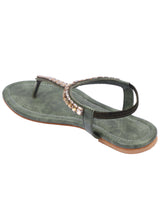 Stone Embellished Olive Green T-Strap Comfortable Flats for Women/Girls (Pair Of 1) - D'chica